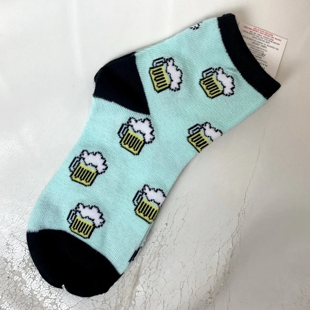 BEER Socks Quarter Length Black Teal Yellow White Size 9-11 NWT